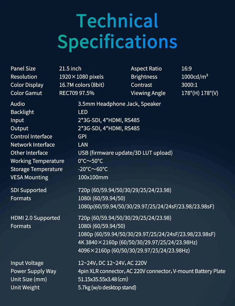 SEETEC M215S 21.5" 1000nit Multi View Broadcast Director Monitor 1920x1080 IPS 3G SDI HDMI 2.0 GPI-Steuerung