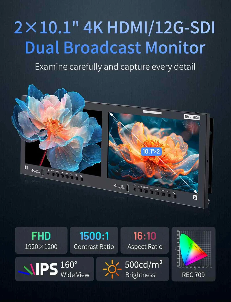 FEELWORLD FRM1001G Dual 10.1 Zoll 4HE Rackmount-Monitor 12G SDI 4K HDMI 1920x1200 IPS