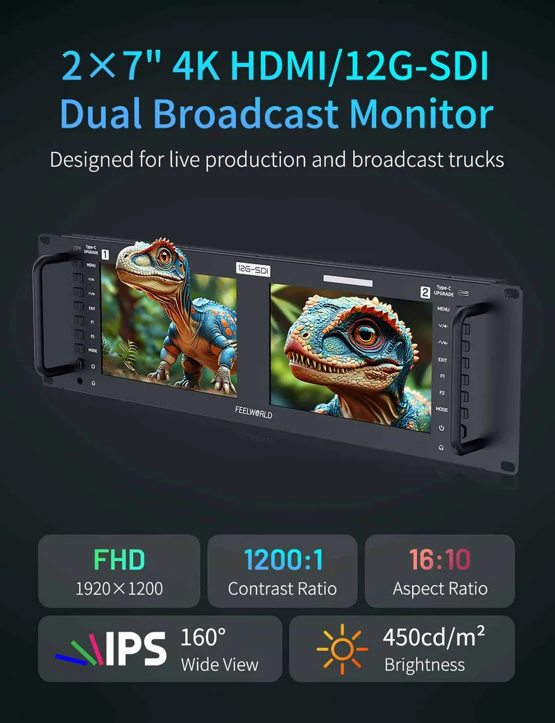 FEELWORLD FRM701G Dual 7 Zoll 3HE Rackmount-Monitor 12G-SDI 4K HDMI 1920x1200 IPS