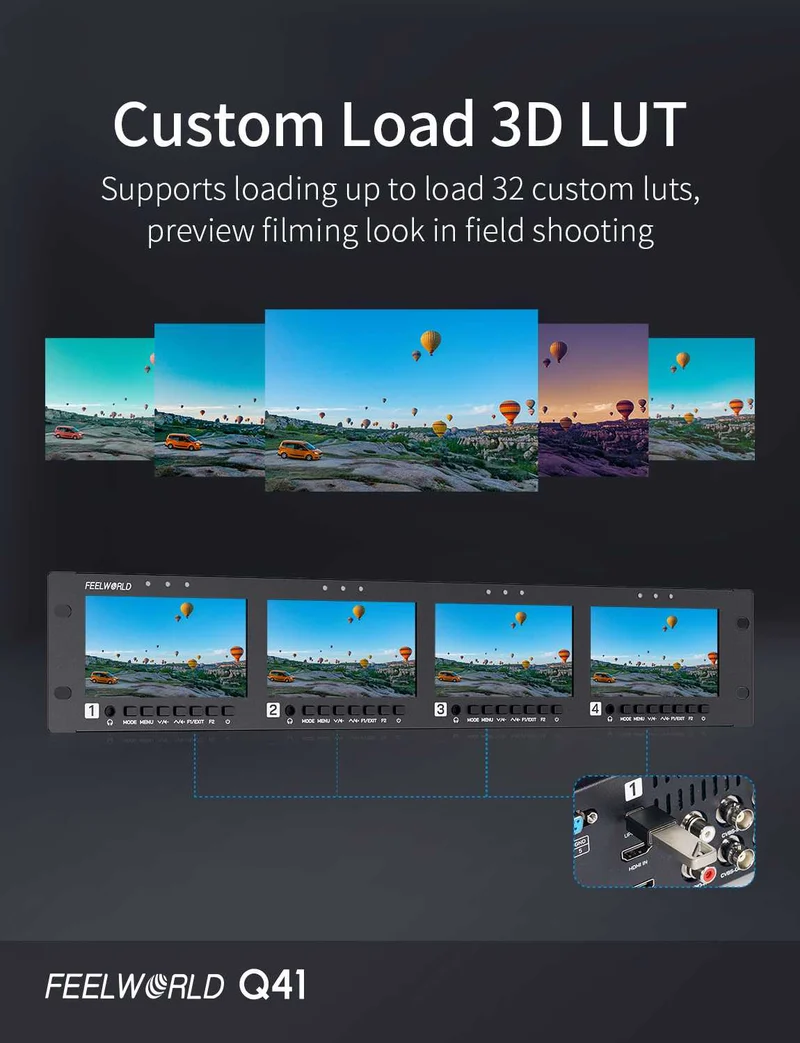FEELWORLD Q41 Quad 4.5 Zoll 2HE Rack-Monitor mit 3G-SDI, 4K-HDMI-AV-Ein- und -Ausgang