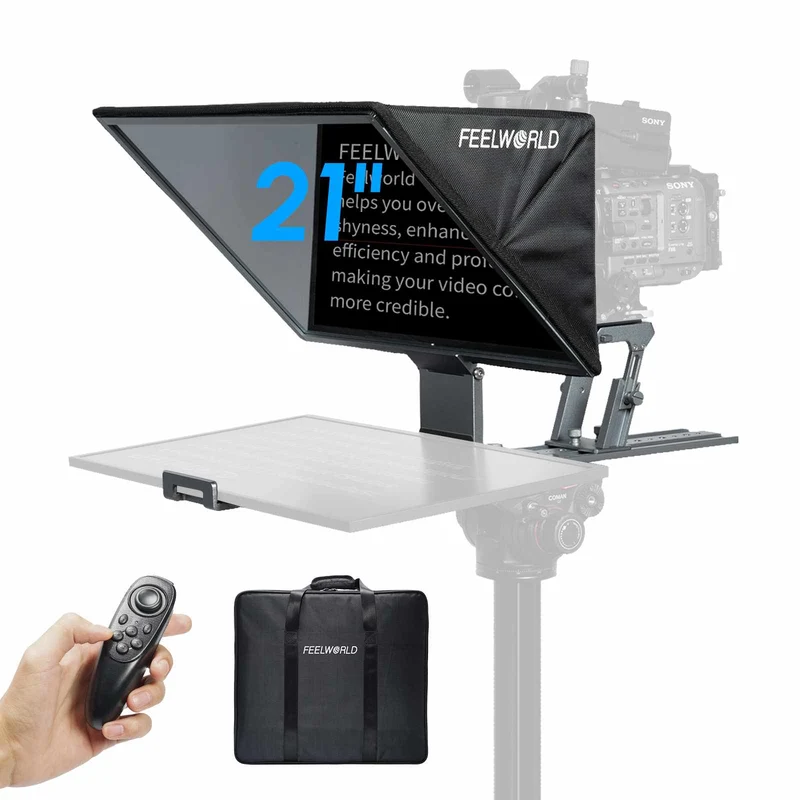 Der FEELWORLD TP21 21-Zoll-Falt-Teleprompter unterstützt Teleprompter bis zu 21.5 Zoll, horizontale und vertikale Teleprompter-Funktion sowie Bluetooth-Fernbedienung.
