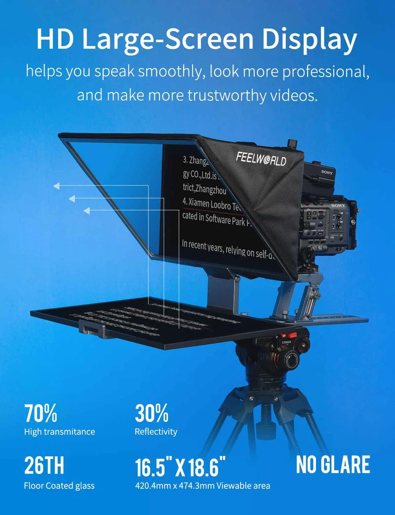 Der FEELWORLD TP21 21-Zoll-Falt-Teleprompter unterstützt Teleprompter bis zu 21.5 Zoll, horizontale und vertikale Teleprompter-Funktion sowie Bluetooth-Fernbedienung.