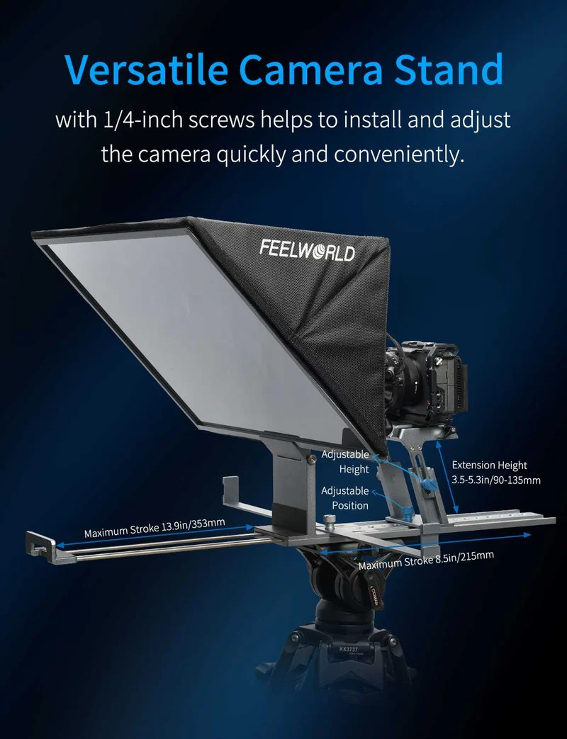 Der FEELWORLD TP21 21-Zoll-Falt-Teleprompter unterstützt Teleprompter bis zu 21.5 Zoll, horizontale und vertikale Teleprompter-Funktion sowie Bluetooth-Fernbedienung.