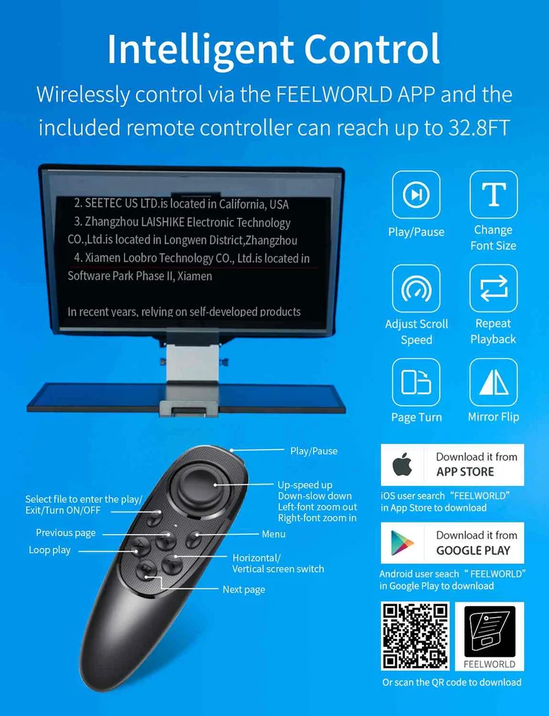 Der FEELWORLD TP21 21-Zoll-Falt-Teleprompter unterstützt Teleprompter bis zu 21.5 Zoll, horizontale und vertikale Teleprompter-Funktion sowie Bluetooth-Fernbedienung.
