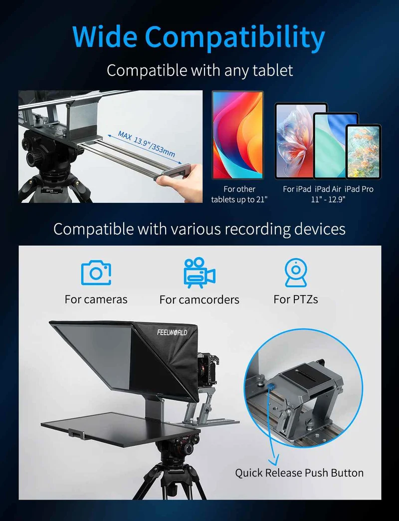 Der FEELWORLD TP21 21-Zoll-Falt-Teleprompter unterstützt Teleprompter bis zu 21.5 Zoll, horizontale und vertikale Teleprompter-Funktion sowie Bluetooth-Fernbedienung.
