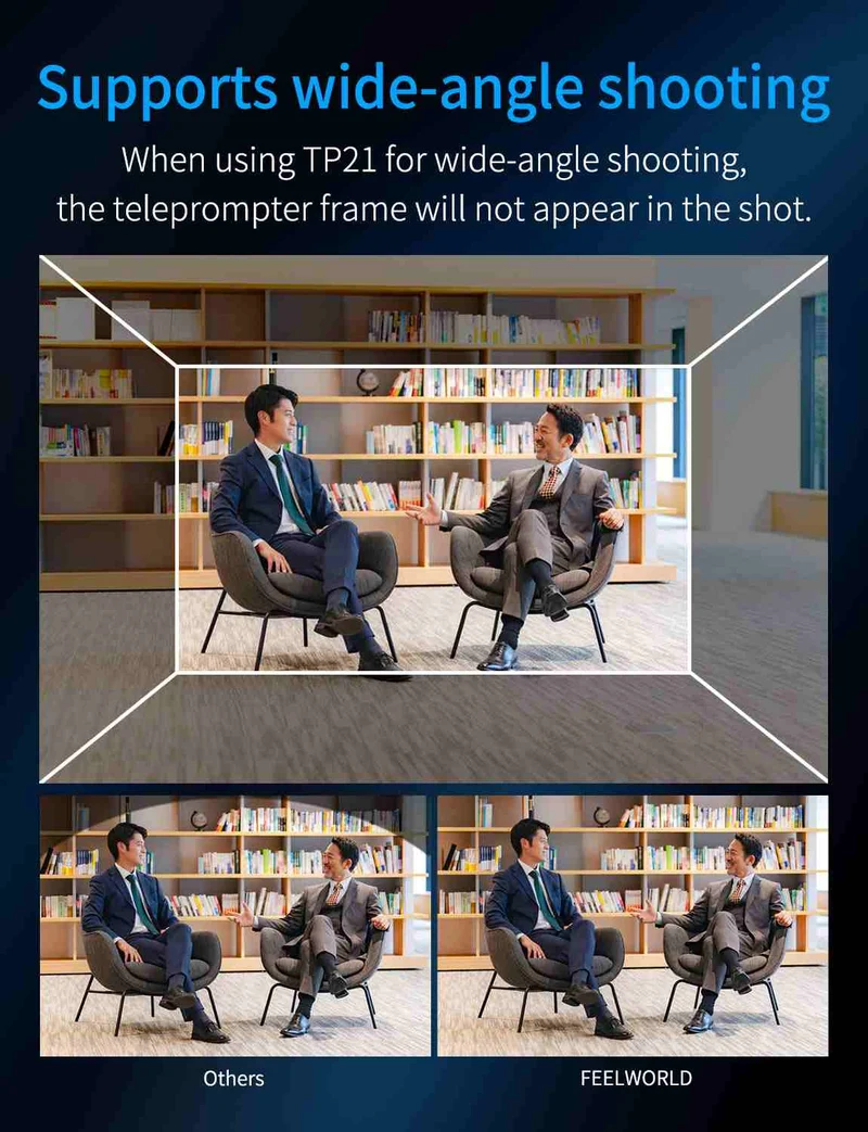 Der FEELWORLD TP21 21-Zoll-Falt-Teleprompter unterstützt Teleprompter bis zu 21.5 Zoll, horizontale und vertikale Teleprompter-Funktion sowie Bluetooth-Fernbedienung.