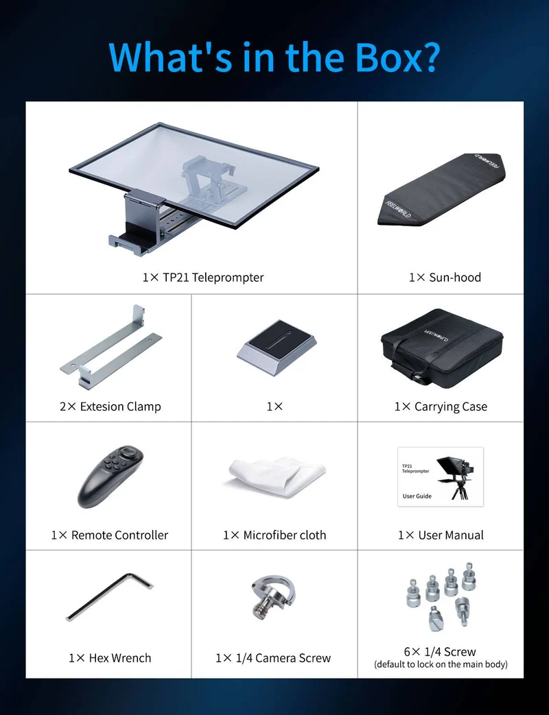 Der FEELWORLD TP21 21-Zoll-Falt-Teleprompter unterstützt Teleprompter bis zu 21.5 Zoll, horizontale und vertikale Teleprompter-Funktion sowie Bluetooth-Fernbedienung.