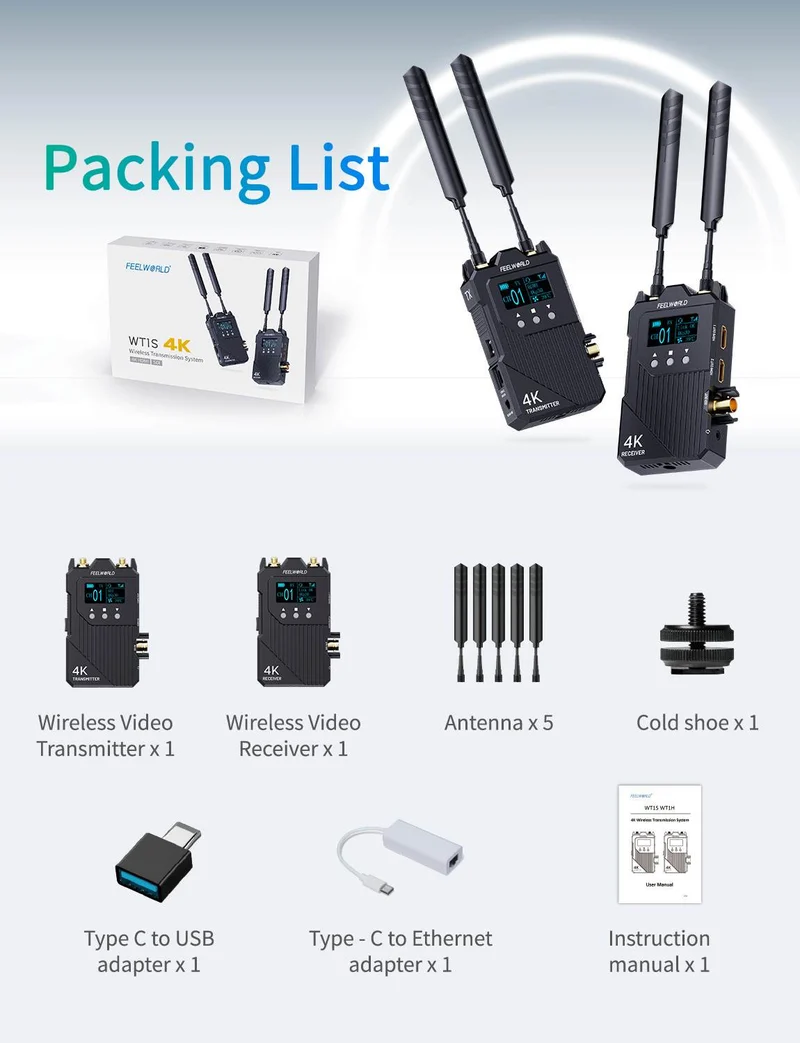 FEELWORLD WT1S 4K Drahtloses Videoübertragungssystem SDI+Dual HDMI Vollduplex-Intercom Live-Streaming