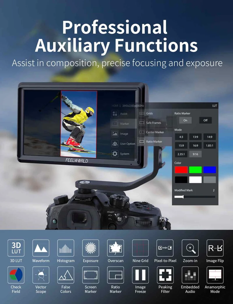 FEELWORLD S55E 5.5 Zoll 500 cd/m² Feldmonitor für DSLR-Kameras, FHD IPS-Display, unterstützt 4K, HDMI-Ein- und -Ausgang