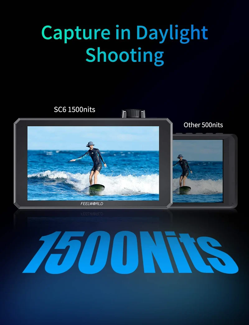 FEELWORLD SC6 6 Zoll 1500nit HighBright Aluminium Feld-DSLR-Kameramonitor mit Touchscreen, 3G, SDI, 4K, HDMI und 60 Hz