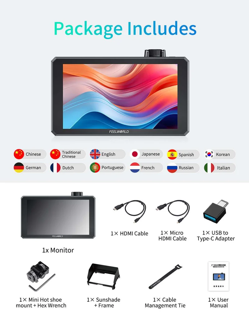 FEELWORLD SC6 6 Zoll 1500nit HighBright Aluminium Feld-DSLR-Kameramonitor mit Touchscreen, 3G, SDI, 4K, HDMI und 60 Hz