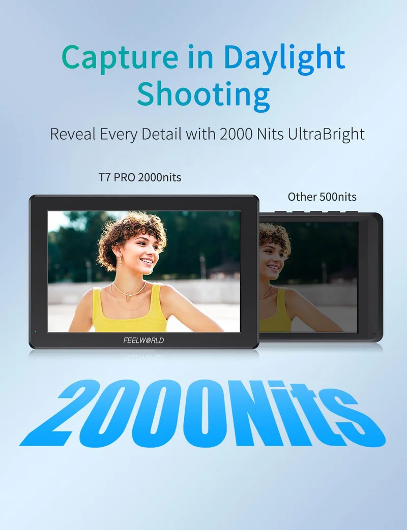 FEELWORLD T7S PRO 7 Zoll 2000nit Aluminium Feld-DSLR-Kameramonitor, ultrahell, 3G SDI 4K HDMI 60
