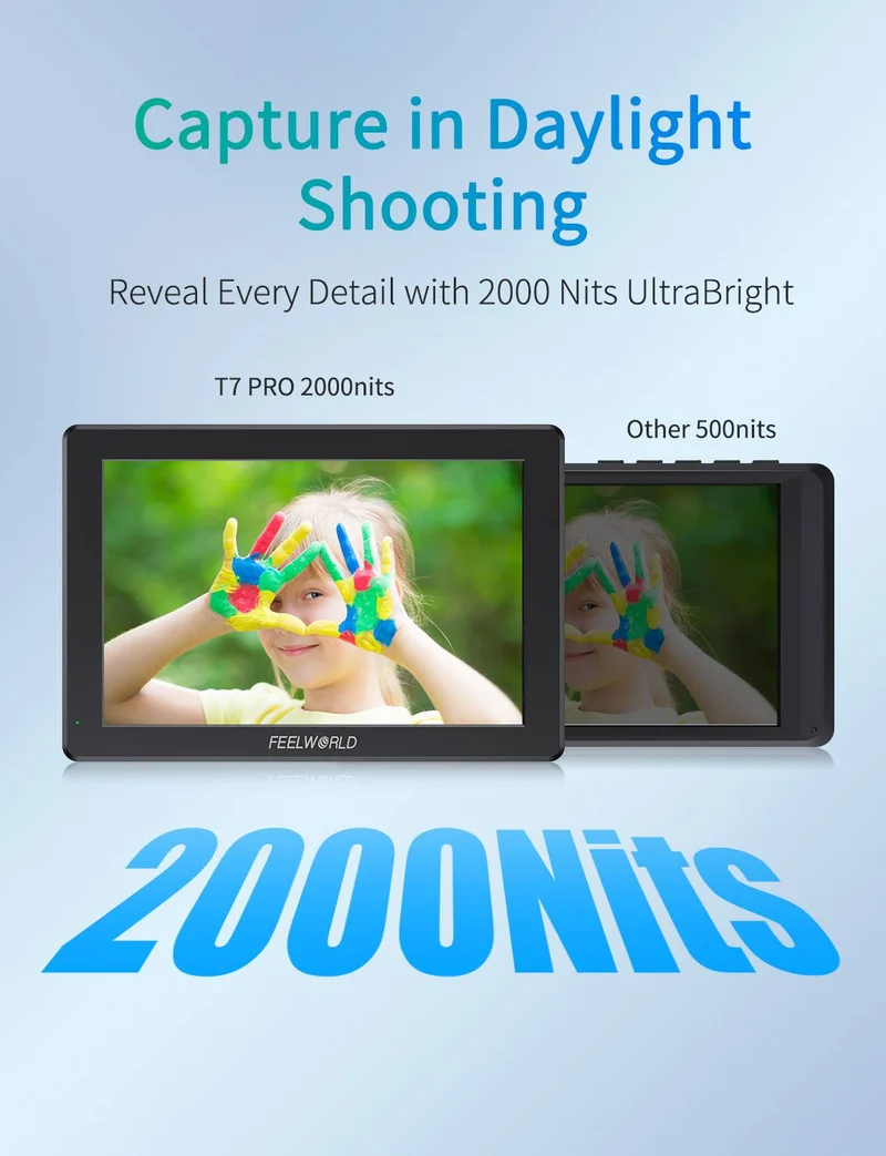 FEELWORLD T7 PRO 7 Zoll 2000nit Aluminium Feld-DSLR-Kameramonitor Ultrahell 4K HDMI 60