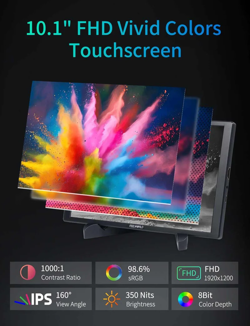 FEELWORLD D10 10.1 Zoll 350 cd/m² Tragbarer externer Monitor mit Touchscreen, FHD 1920 x 1200, USB-C und HDMI