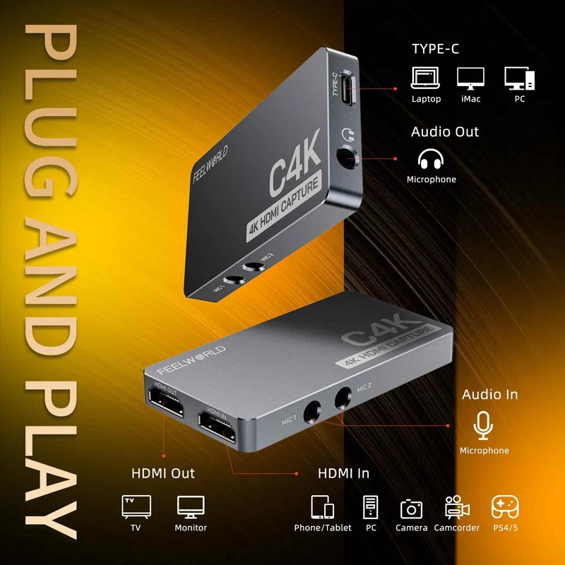 FEEWORLD C4K-Videoaufnahme, 4K HDMI 60 Hz, Ein- und Ausgang, USB-C, Plug and Play, für Streaming, Gaming, Videokonferenzen