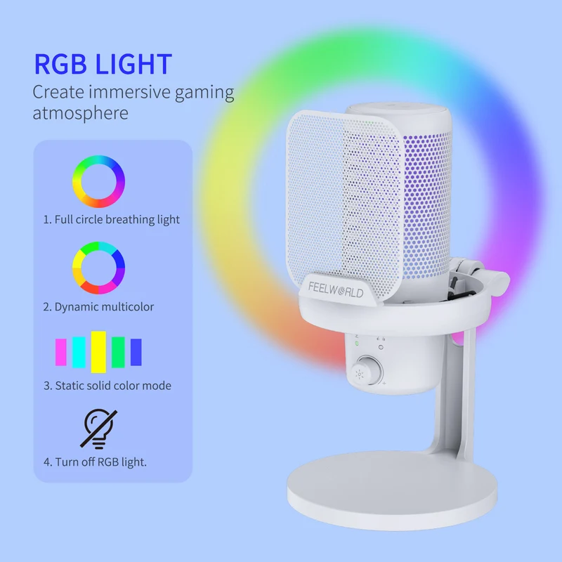FEELWORLD VM1 Weißes Gaming-PC-USB-Kondensatormikrofon mit Tischständer