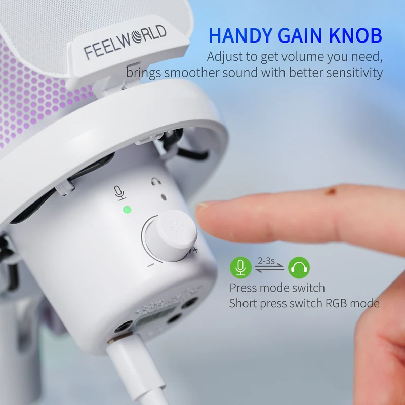 FEELWORLD VM1 Weißes Gaming-PC-USB-Kondensatormikrofon mit Galgenarmständer