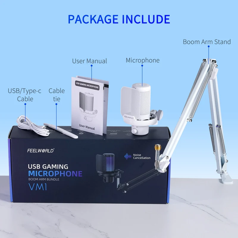 FEELWORLD VM1 Weißes Gaming-PC-USB-Kondensatormikrofon mit Galgenarmständer