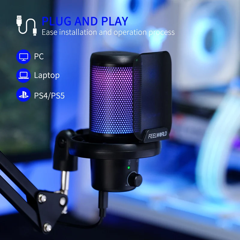 FEELWORLD VM1 Gaming-PC USB-Kondensatormikrofon mit Galgenarmständer