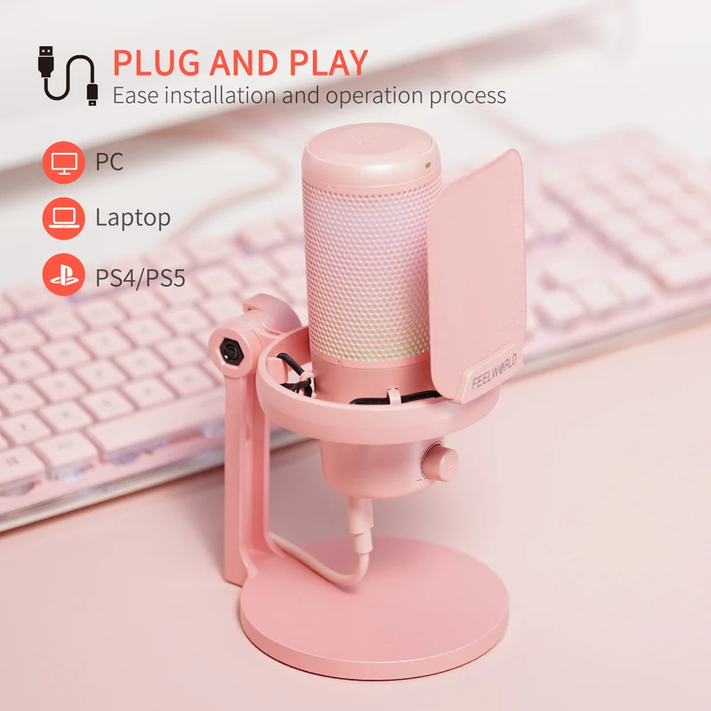 FEELWORLD VM1 Pink Gaming-PC USB-Kondensatormikrofon mit Tischständer