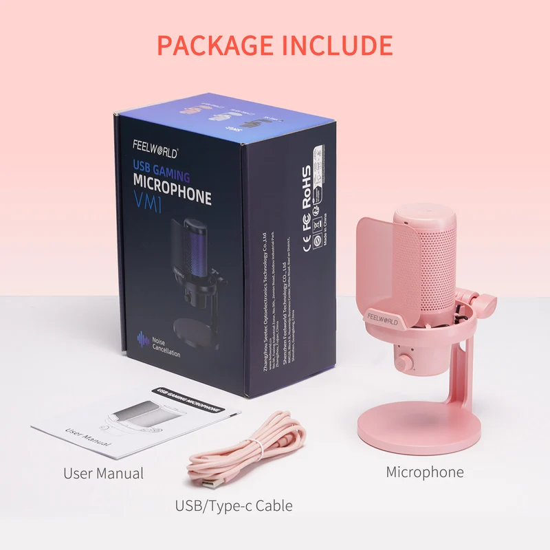 FEELWORLD VM1 Pink Gaming-PC USB-Kondensatormikrofon mit Tischständer