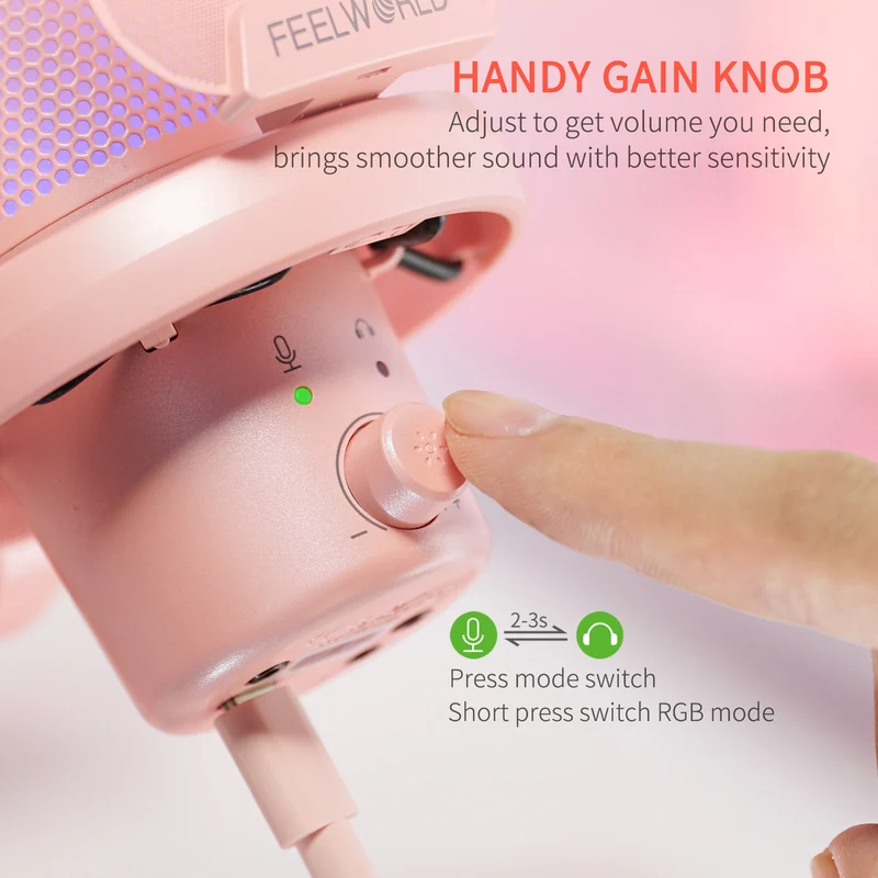 FEELWORLD VM1 Pink Gaming-PC USB-Kondensatormikrofon mit Galgenarmständer