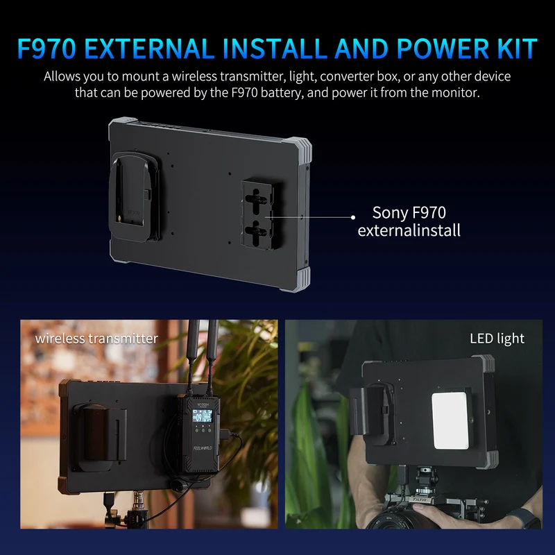 FEELWORLD T10 10.1 Zoll 500nit Aluminium DSLR Kamera Feldmonitor Externes Installations- und Stromversorgungskit