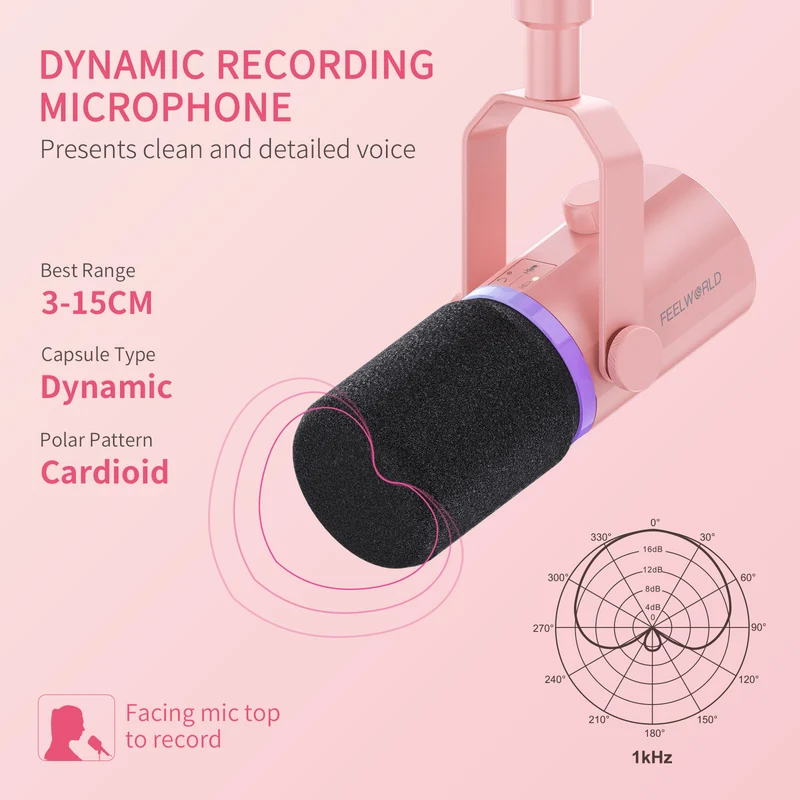 FEELWORLD PM1 Rosa XLR USB dynamisches Mikrofon mit Galgenarmständer für Podcast