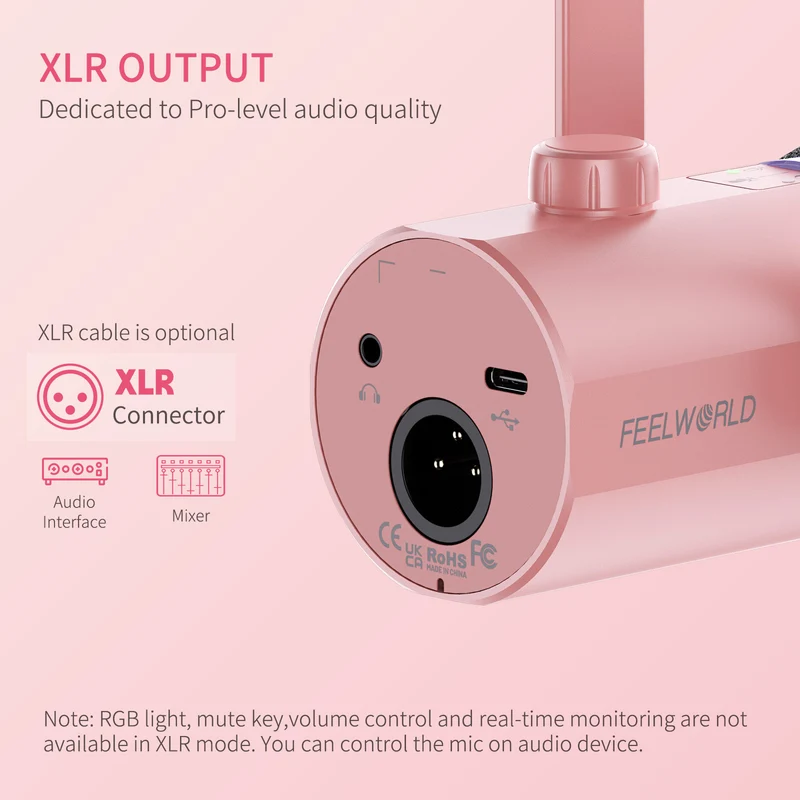 FEELWORLD PM1 Rosa XLR USB dynamisches Mikrofon mit Galgenarmständer für Podcast