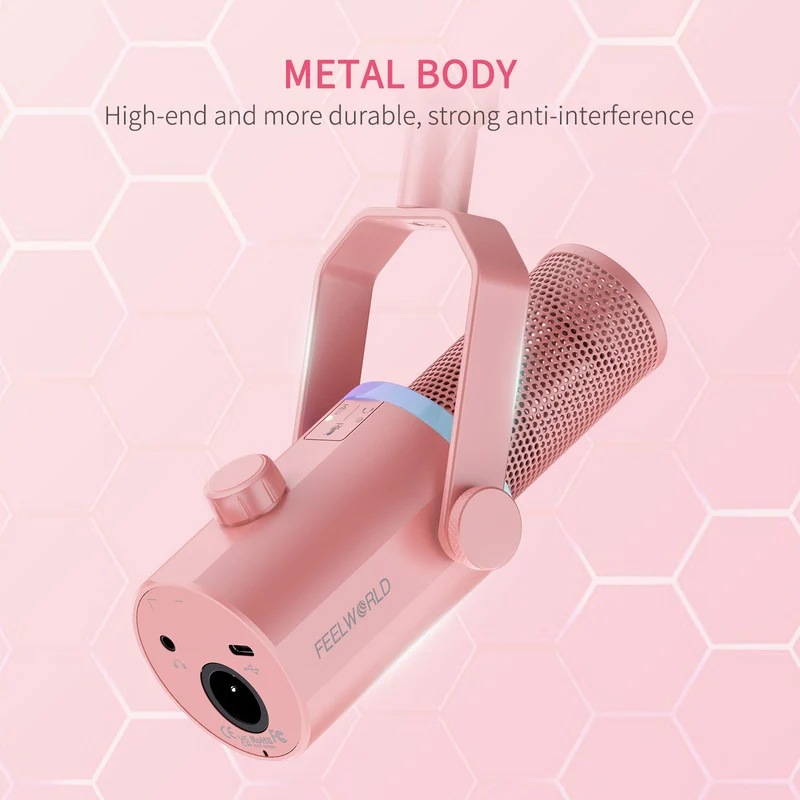 FEELWORLD PM1 Rosa XLR USB dynamisches Mikrofon mit Galgenarmständer für Podcast