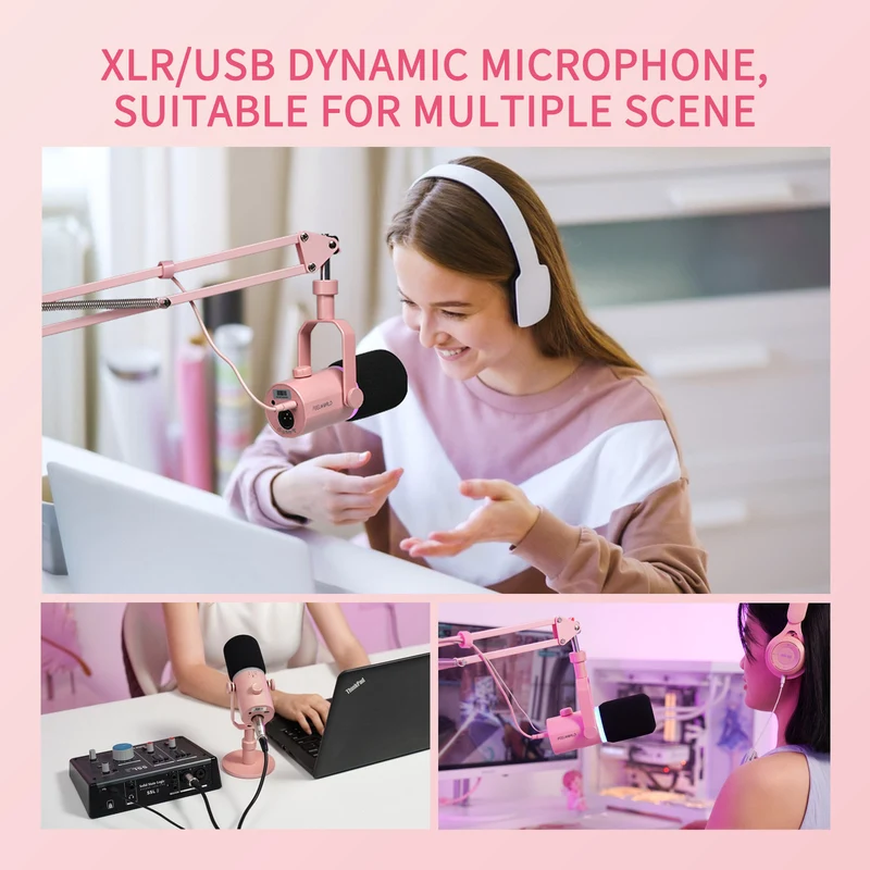 FEELWORLD PM1 Rosa XLR USB dynamisches Mikrofon mit Galgenarmständer für Podcast