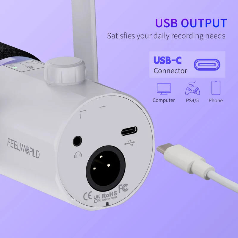 FEELWORLD PM1 Weißes XLR-USB-dynamisches Mikrofon mit Desktop-Ständer für Podcast
