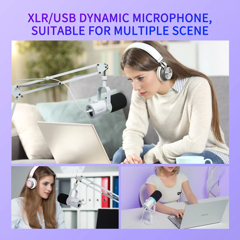 FEELWORLD PM1 Weißes XLR-USB-dynamisches Mikrofon mit Desktop-Ständer für Podcast