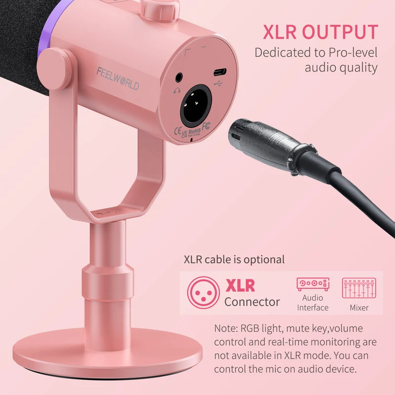 FEELWORLD PM1 Rosa XLR USB Dynamisches Mikrofon mit Desktop-Ständer Ständer für Podcast