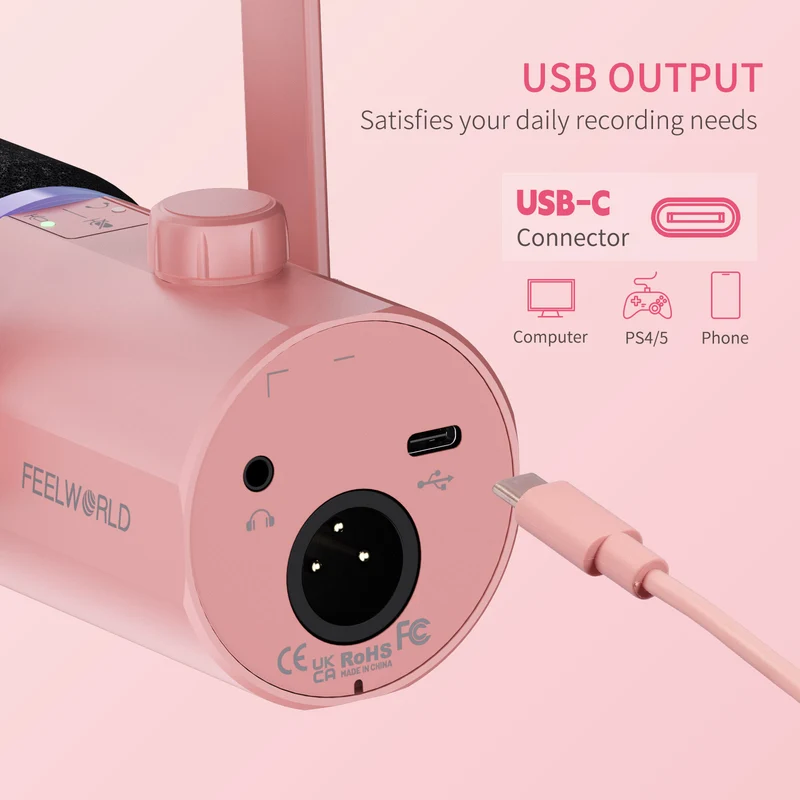 FEELWORLD PM1 Rosa XLR USB Dynamisches Mikrofon mit Desktop-Ständer Ständer für Podcast