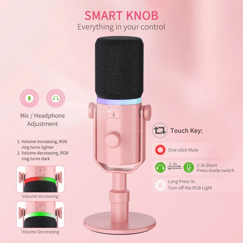 FEELWORLD PM1 Rosa XLR USB Dynamisches Mikrofon mit Desktop-Ständer Ständer für Podcast