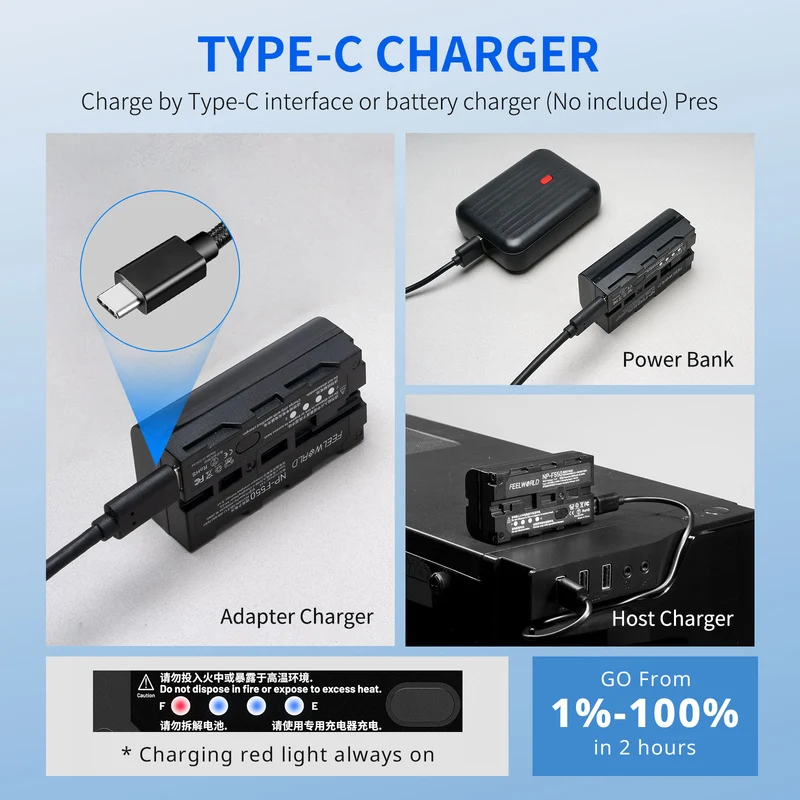 FEEWORLD NP-F550 2200 mAh Li-Ionen-Akku für Monitor, Videoleuchte, Videoübertragung, USB-C-Aufladung