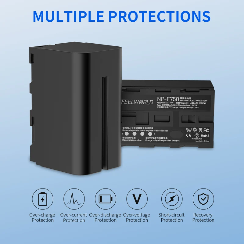 FEEWORLD NP-F750 4400 mAh Li-Ionen-Akku für Monitor, Videoleuchte, Videoübertragung, USB-C-Aufladung