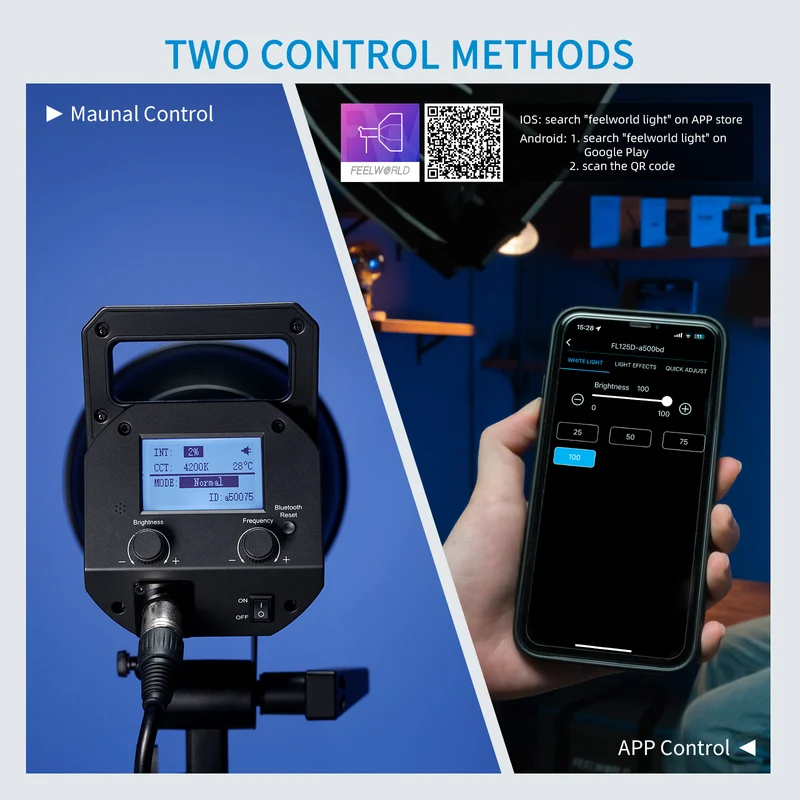 FEELWORLD FL125D 125 W 5600 K Tageslichtpunktquelle Studio-Videolicht APP-Steuerung