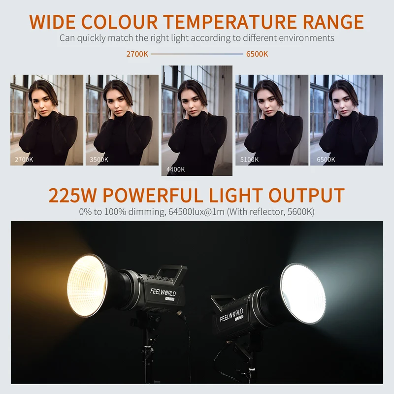 FEELWORLD FL225B 225W Videostudioleuchte mit 2700K~6500K zweifarbiger Dauerbeleuchtung