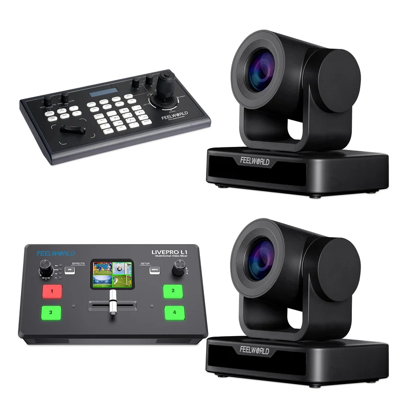 FEELWORLD KBC10 PTZ Controller und Livepro L1 V1 Video Switcher und 2 USB10X PTZ Kamera Bundle Set