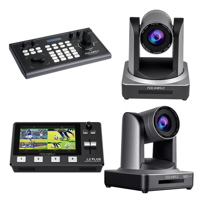 FEELWORLD KBC10 PTZ Controller und L2 Plus Video Switcher und POE20X PTZ Kamera und NDI20X PTZ Kamera Bundle Set
