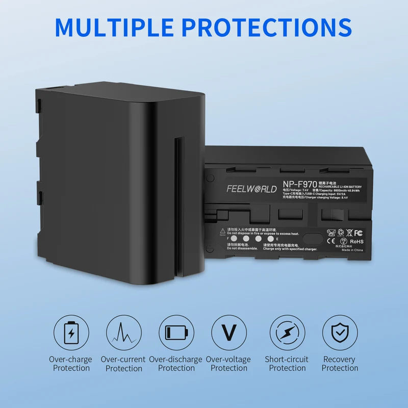FEEWORLD NP-F970 6600 mAh Li-Ionen-Akku für Monitor, Videoleuchte, Videoübertragung, USB-C-Aufladung