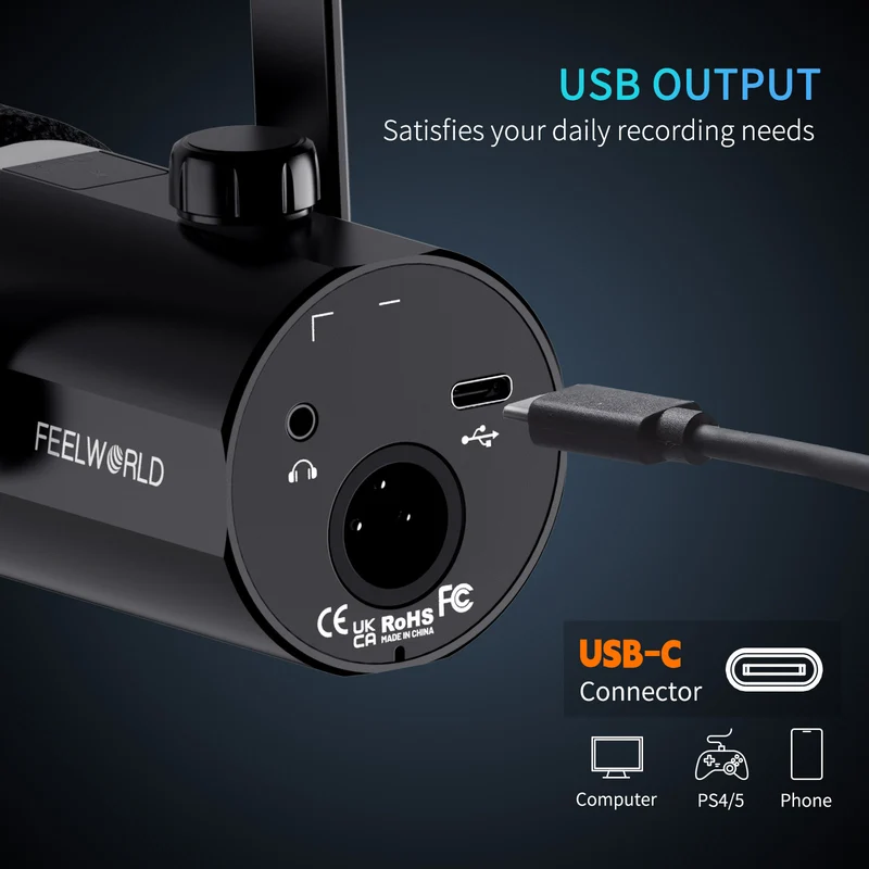 FEELWORLD PM1 XLR USB Dynamisches Mikrofon mit Galgenarmständer für Podcasts