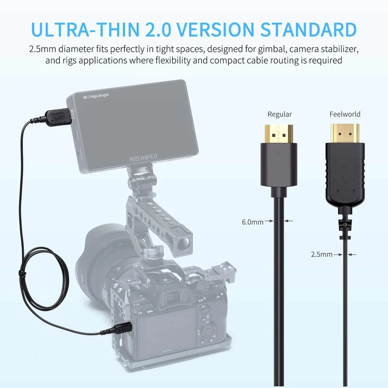 FEELWORLD Ultradünnes 4K-Micro-HDMI-zu-HDMI-Kabel 3 Fuß, 2.5 mm schlankes HDMI 2.0-Kabel, unterstützt High Speed ​​4K@60Hz 2160p 1080p 18 Gbit/s 3D HDR für Kamera, Camcorder