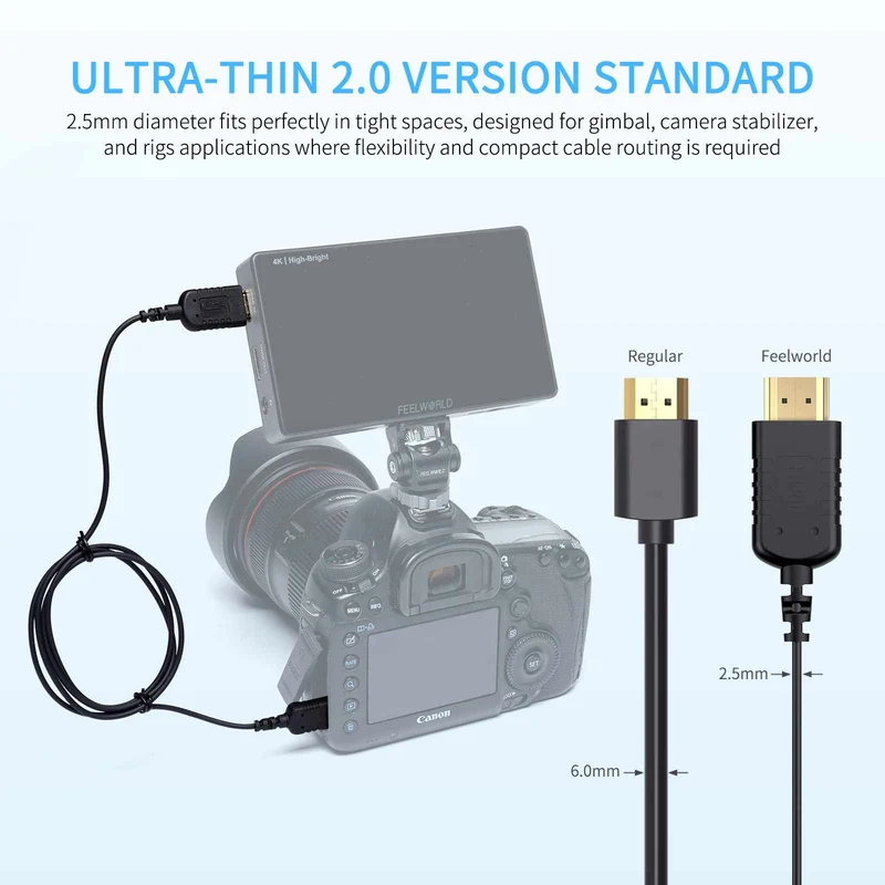 FEELWORLD Ultradünnes 4K-Mini-HDMI-zu-HDMI-Kabel 3 Fuß, 2.5 mm schlankes HDMI 2.0-Kabel, unterstützt High Speed ​​4K@60Hz 2160p 1080p 18 Gbit/s 3D HDR für Kamera, Camcorder, Laptop, Tablet