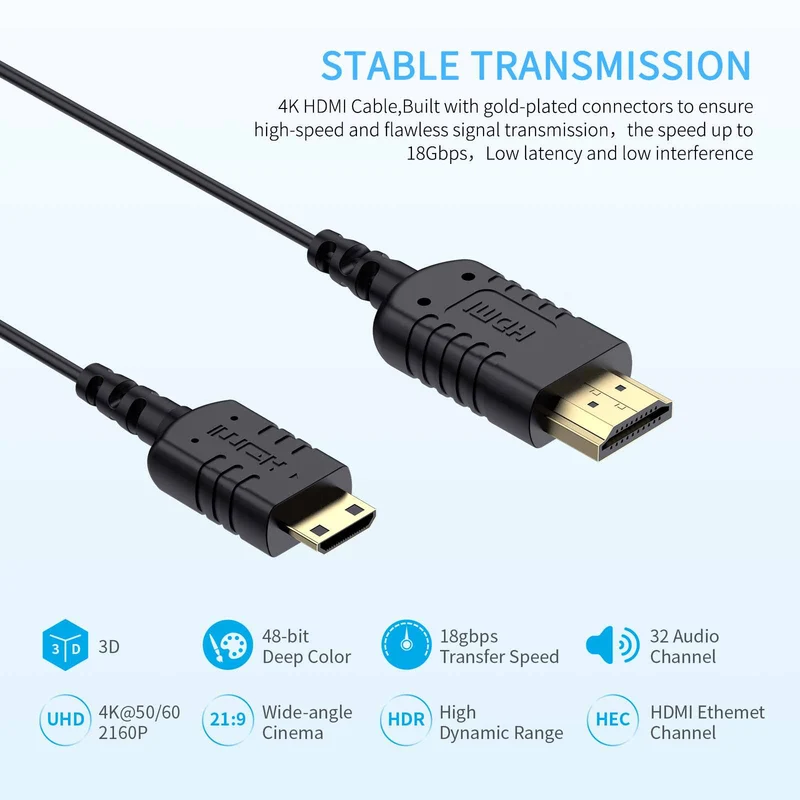 FEELWORLD Ultradünnes 4K-Mini-HDMI-zu-HDMI-Kabel 3 Fuß, 2.5 mm schlankes HDMI 2.0-Kabel, unterstützt High Speed ​​4K@60Hz 2160p 1080p 18 Gbit/s 3D HDR für Kamera, Camcorder, Laptop, Tablet