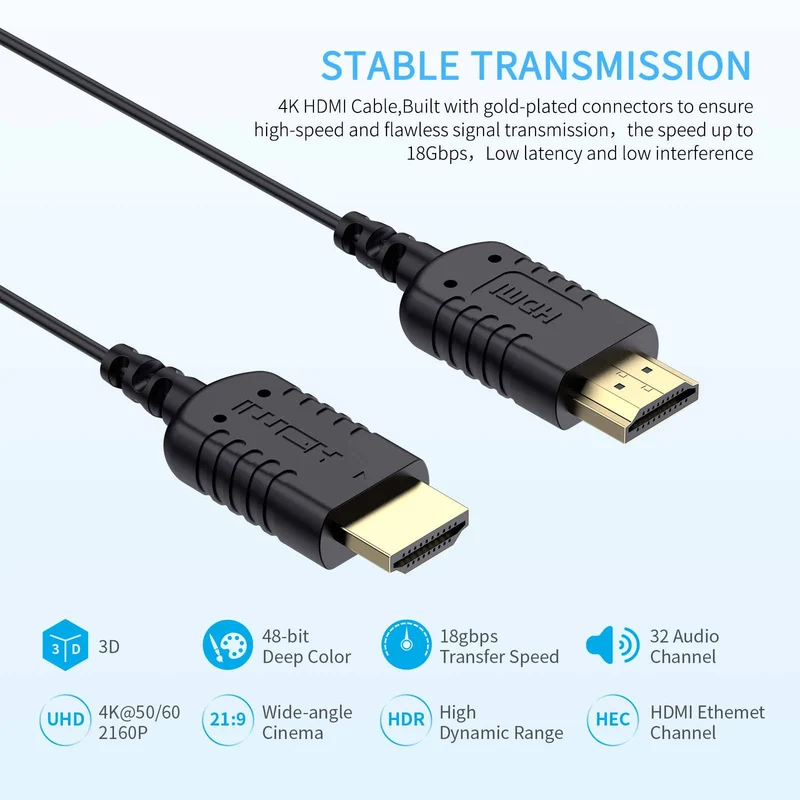 FEELWORLD Ultradünnes 4K-HDMI-zu-HDMI-Kabel 3 Fuß, 2.5 mm schlankes HDMI 2.0-Kabel, unterstützt High Speed ​​4K@60Hz 2160p 1080p 18 Gbit/s 3D HDR für Kamera, Camcorder, Monitor, Gimbal