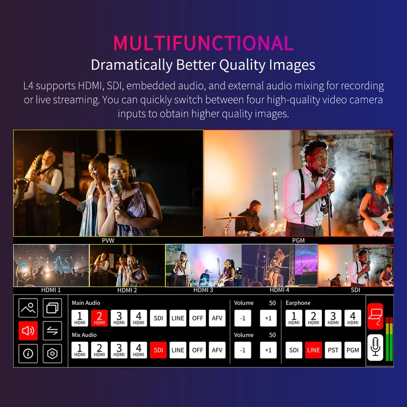 FEELWORLD L4 Multikamera-Videomixer-Umschalter 10.1-Zoll-Touchscreen USB3.0 Schnelles Streaming