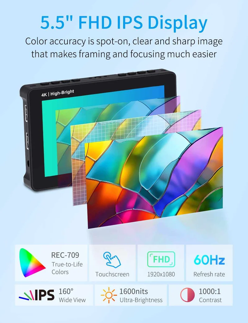 FEELWORLD F5 PROX 5.5 Zoll 1600nit High Bright Field DSLR-Kameramonitor Touchscreen F970 Kit HDMI